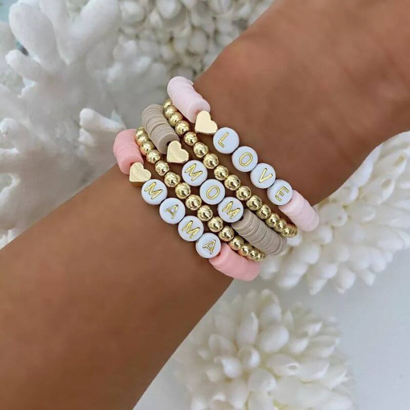 Bracelet femme perles roses et heishi dorées, bracelet doré